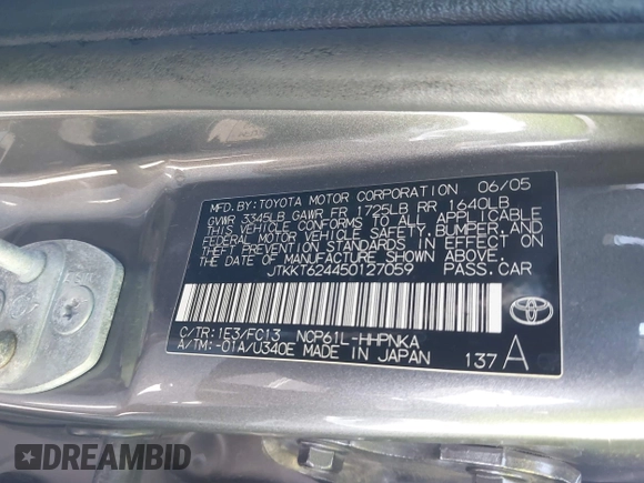 2005 Scion xA z VIN JTKKT624450127059, wystawiony jako IAAI lot #41828241 z przebiegiem 173 352 mil mil oraz . Historia ofert i sprzedaży dostępna na DreamBid. Obrazek 9.