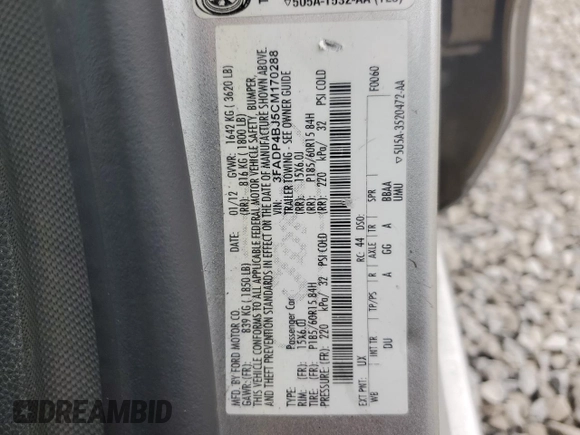 2012 Ford Fiesta SE with VIN 3FADP4BJ5CM170288, listed as a Copart auction lot 49471605 with 104,851 mi miles and Salvage Title. Bid and sale history available at DreamBid. Image 15.