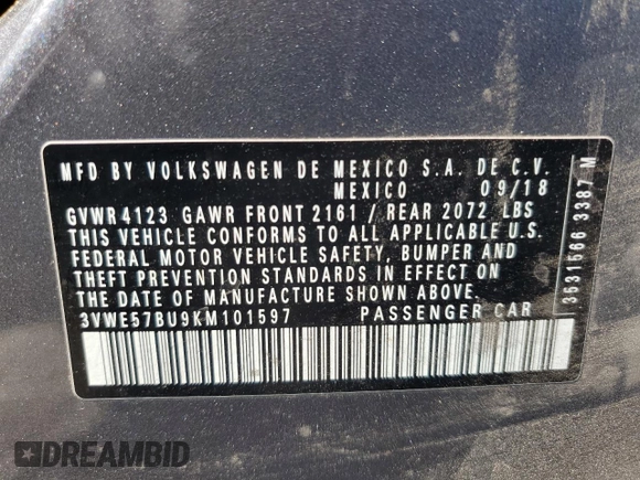 2019 Volkswagen Jetta SEL with VIN 3VWE57BU9KM101597, listed as a Copart auction lot 60262205 with 82,685 mi miles and Salvage title. Bid and sale history available at DreamBid. Image 12.