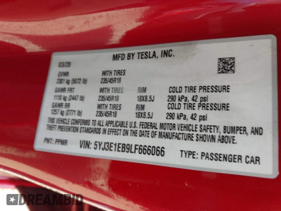 2020 Tesla Model 3 Long Range with VIN 5YJ3E1EB9LF666066, listed as a IAAI auction lot 41759976 with 69,323 mi miles. Bid and sale history available at carsss.com. Image 9.