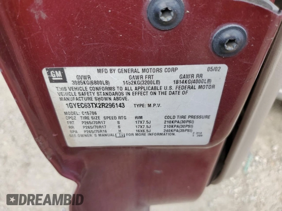 2002 Cadillac Escalade z VIN 1GYEC63TX2R296143, wystawiony jako Copart lot #45965545 z przebiegiem 288 265 mil mil oraz Szkoda całkowita • Salvage title. Historia ofert i sprzedaży dostępna na DreamBid. Obrazek 14.
