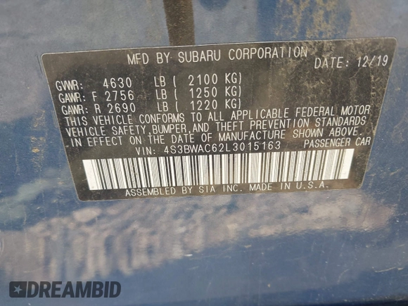 2020 Subaru Legacy Premium with VIN 4S3BWAC62L3015163, listed as a IAAI auction lot 42394093 with 81,865 mi miles and . Bid and sale history available at DreamBid. Image 9.
