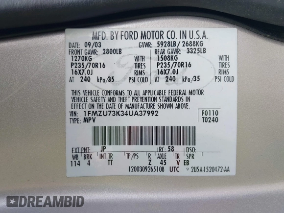 2004 Ford Explorer XLT z VIN 1FMZU73K34UA37992, wystawiony jako IAAI lot #42346103 z przebiegiem 192 043 mil mil oraz . Historia ofert i sprzedaży dostępna na DreamBid. Obrazek 9.