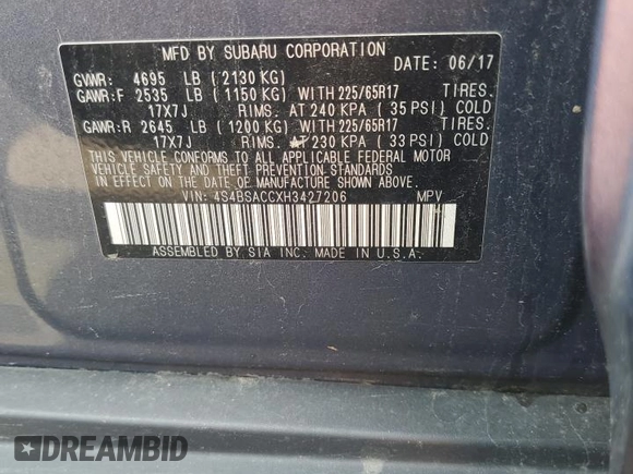 2017 Subaru Outback Premium с VIN 4S4BSACCXH3427206, выставлен на аукционе Copart как лот 61447735 с пробегом 224 665 миль миль и Чистый • Clean title. История ставок и продаж доступна на DreamBid. Изображение 12.