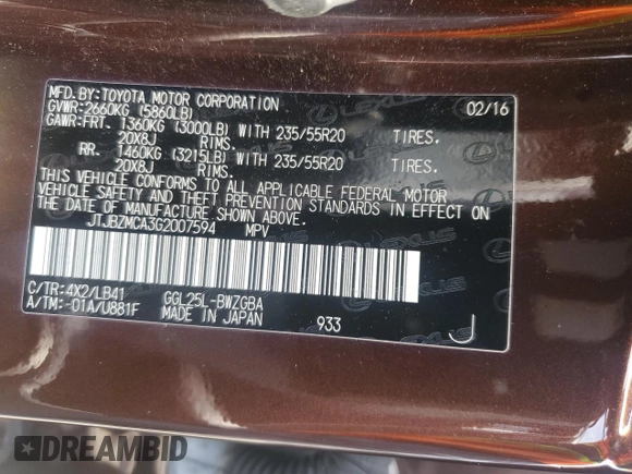 2016 Lexus RX 350 с VIN JTJBZMCA3G2007594, выставлен на аукционе Copart как лот 63078035 с пробегом 140 372 миль миль и Списание • Salvage title. История ставок и продаж доступна на DreamBid. Изображение 13.
