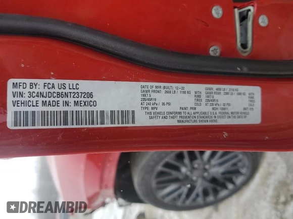 2022 Jeep Compass (RED) Edition с VIN 3C4NJDCB6NT237206, выставлен на аукционе Copart как лот 46014455 с пробегом 22 399 миль миль и Списание • Salvage title. История ставок и продаж доступна на DreamBid. Изображение 16.