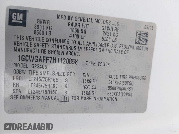 2017 Chevrolet Express Cargo Van with VIN 1GCWGAFF7H1120858, listed as a IAAI auction lot 42124363 with 163,848 mi miles. Bid and sale history available at carsss.com. Image 9.
