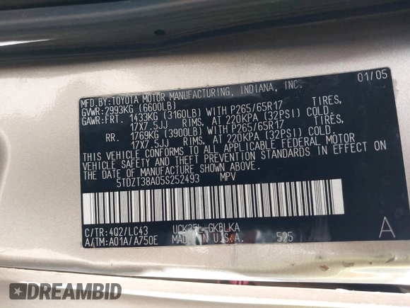 2005 Toyota Sequoia Limited with VIN 5TDZT38A05S252493, listed as a IAAI auction lot 41637977 with 244,217 mi miles and . Bid and sale history available at DreamBid. Image 9.