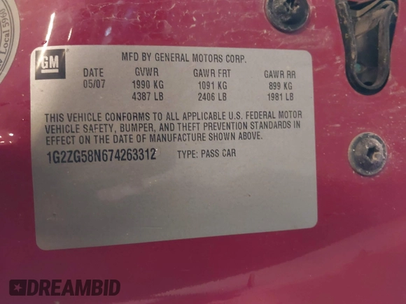 2007 Pontiac G6 G6 with VIN 1G2ZG58N674263312, listed as a IAAI auction lot 42310317 with 210,302 mi miles and . Bid and sale history available at DreamBid. Image 9.