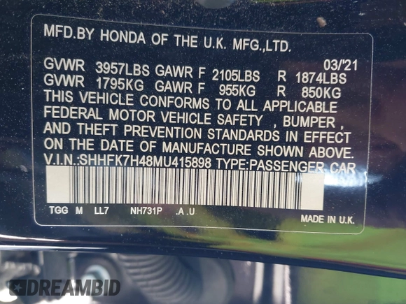 2021 Honda Civic Sport with VIN SHHFK7H48MU415898, listed as a IAAI auction lot 42130231 with 56,315 mi miles and . Bid and sale history available at DreamBid. Image 9.