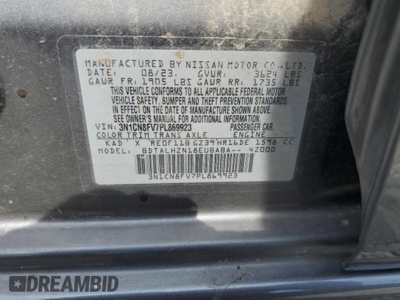2023 Nissan Versa SR with VIN 3N1CN8FV7PL869923, listed as a Copart auction lot 54989685 with 29,793 mi miles and Salvage title. Bid and sale history available at DreamBid. Image 12.
