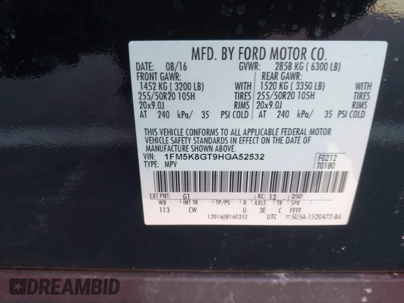 2017 Ford Explorer Sport with VIN 1FM5K8GT9HGA52532, listed as a IAAI auction lot 41607362 with 117,595 mi miles and . Bid and sale history available at carsss.com. Image 9.