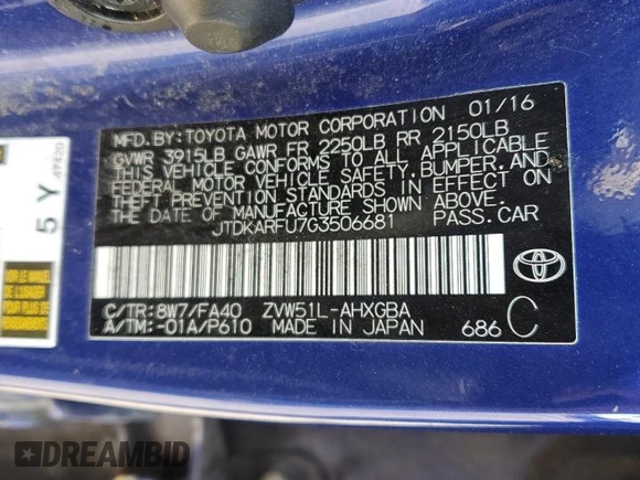 2016 Toyota Prius Four with VIN JTDKARFU7G3506681, listed as a Copart auction lot 48472705 with 118,023 mi miles and Clean Title. Bid and sale history available at DreamBid. Image 12.