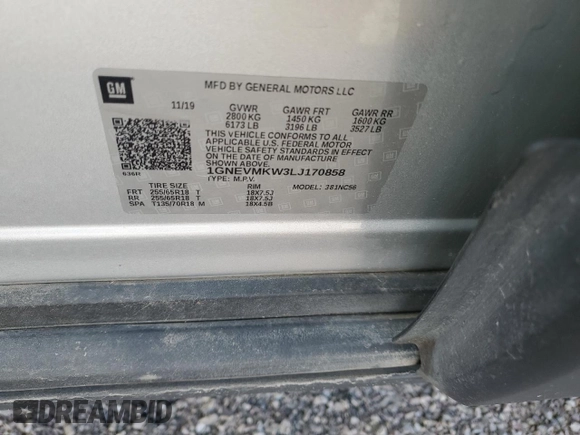 2020 Chevrolet Traverse LT Cloth with VIN 1GNEVMKW3LJ170858, listed as a Copart auction lot 87220214 with 0 mi miles and Salvage Title. Bid and sale history available at carsss.com. Image 13.