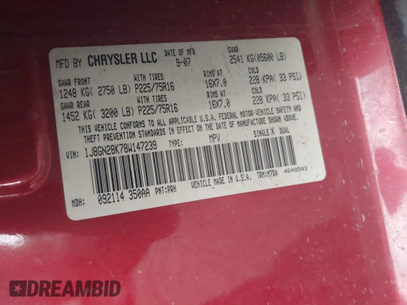 2008 Jeep Liberty Sport with VIN 1J8GN28K78W147239, listed as a IAAI auction lot 42184293 with 182,736 mi miles. Bid and sale history available at carsss.com. Image 9.