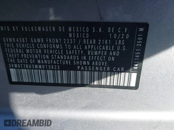 2021 Volkswagen Jetta GLI S with VIN 3VW6T7BU3MM013822, listed as a IAAI auction lot 41136536 with 96,582 mi miles and . Bid and sale history available at DreamBid. Image 9.