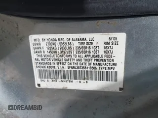 2005 Honda Odyssey EX-L with VIN 5FNRL38735B118506, listed as a IAAI auction lot 42101540 with 159,688 mi miles. Bid and sale history available at carsss.com. Image 9.