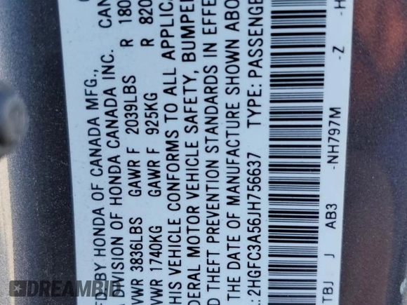 2018 Honda Civic Si Coupe with VIN 2HGFC3A56JH756637, listed as a Copart auction lot 49701635 with 64,789 mi miles and Salvage Title. Bid and sale history available at carsss.com. Image 12.