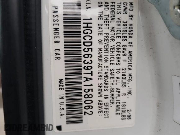 1996 Honda Accord LX with VIN 1HGCD5639TA158062, listed as a Copart auction lot 47434945 with 156,519 mi miles and Salvage Title. Bid and sale history available at DreamBid. Image 12.