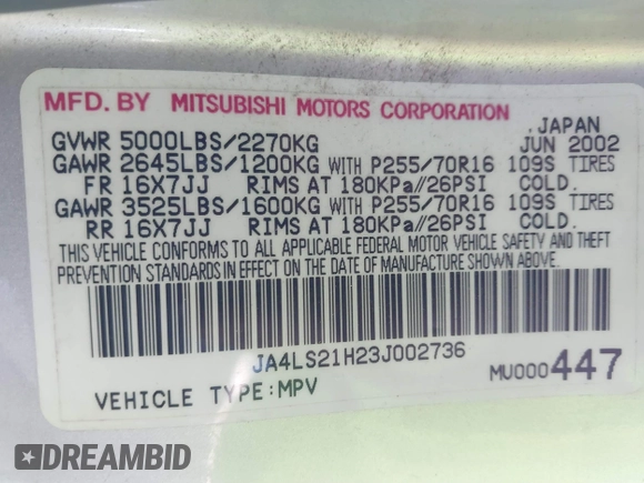 2003 Mitsubishi Montero ES z VIN JA4LS21H23J002736, wystawiony jako IAAI lot #41663572 z przebiegiem 235 704 mil mil oraz . Historia ofert i sprzedaży dostępna na DreamBid. Obrazek 9.
