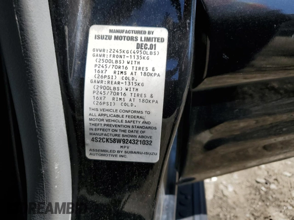 2002 Isuzu Rodeo S z VIN 4S2CK58W924321032, wystawiony jako Copart lot #66145264 z przebiegiem 184 325 mil mil oraz Szkody całkowita. Historia ofert i sprzedaży dostępna na DreamBid. Obrazek 13.
