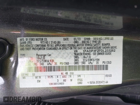 2013 Ford Focus SE with VIN 1FADP3F27DL233262, listed as a IAAI auction lot 41734903 with 149,680 mi miles. Bid and sale history available at carsss.com. Image 9.