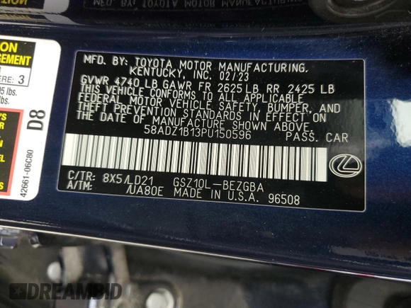 2023 Lexus ES 350 with VIN 58ADZ1B13PU150596, listed as a Copart auction lot 55515215 with 20,314 mi miles and Salvage title. Bid and sale history available at DreamBid. Image 12.