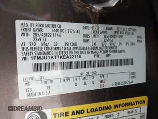 2019 Ford Expedition Limited with VIN 1FMJU1KT7KEA22116, listed as a IAAI auction lot 42276020 with 104,557 mi miles and . Bid and sale history available at DreamBid. Image 9.