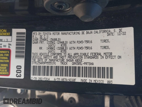 2023 Toyota Tacoma SR with VIN 3TMCZ5AN9PM555191, listed as a IAAI auction lot 41935645 with 31,580 mi miles and . Bid and sale history available at DreamBid. Image 9.