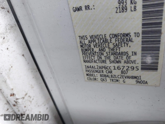 2012 Nissan Altima S with VIN 1N4AL2AP6CC167295, listed as a IAAI auction lot 40532168 with Not Provided miles and . Bid and sale history available at DreamBid. Image 9.