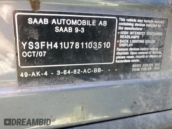 2008 Saab 9-3 Aero z VIN YS3FH41U781103510, wystawiony jako Copart lot #49600845 z przebiegiem 138 159 mil mil oraz Szkoda całkowita • Salvage title. Historia ofert i sprzedaży dostępna na DreamBid. Obrazek 12.