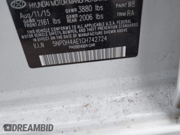 2016 Hyundai Elantra SE with VIN 5NPDH4AE1GH742724, listed as a IAAI auction lot 42292433 with 47,017 mi miles and . Bid and sale history available at DreamBid. Image 9.