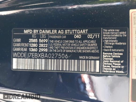 2011 Mercedes-Benz CL-Class CL 63 AMG with VIN WDDEJ7EBXBA027506, listed as a IAAI auction lot 41302526 with 104,207 mi miles. Bid and sale history available at carsss.com. Image 9.
