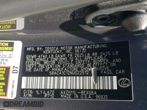 2022 Lexus ES 300h with VIN 58ACA1C12NU022512, listed as a Copart auction lot 55175095 with 125,120 mi miles and Salvage title. Bid and sale history available at DreamBid. Image 12.
