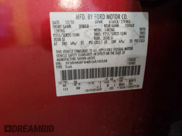 2011 Ford Explorer Limited с VIN 1FMHK8F84BGA10318, выставлен на аукционе Copart как лот 54108425 с пробегом 169 965 миль миль и Чистый • Clean title. История ставок и продаж доступна на DreamBid. Изображение 13.