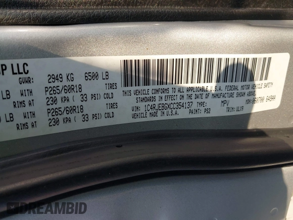 2012 Jeep Grand Cherokee Limited with VIN 1C4RJEBGXCC354137, listed as a IAAI auction lot 40844812 with 110,699 mi miles. Bid and sale history available at carsss.com. Image 9.