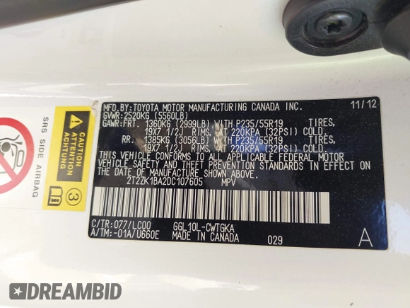 2013 Lexus RX 350 with VIN 2T2ZK1BA2DC107605, listed as a IAAI auction lot 41633895 with 149,527 mi miles and . Bid and sale history available at DreamBid. Image 9.