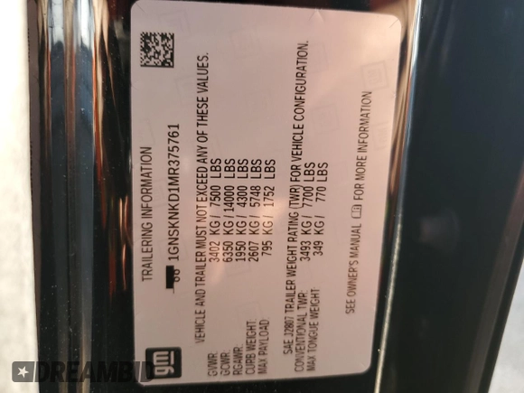 2021 Chevrolet Tahoe LT z VIN 1GNSKNKD1MR375761, wystawiony jako Copart lot #61756355 z przebiegiem 40 160 mil mil oraz Szkoda całkowita • Salvage title. Historia ofert i sprzedaży dostępna na DreamBid. Obrazek 13.