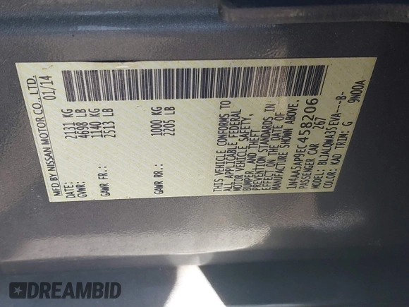 2014 Nissan Maxima S with VIN 1N4AA5AP9EC458206, listed as a IAAI auction lot 42164044 with 109,194 mi miles and . Bid and sale history available at DreamBid. Image 9.