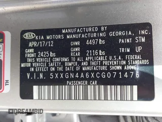2012 Kia Optima EX with VIN 5XXGN4A6XCG071476, listed as a IAAI auction lot 41508819 with 176,487 mi miles and . Bid and sale history available at carsss.com. Image 9.