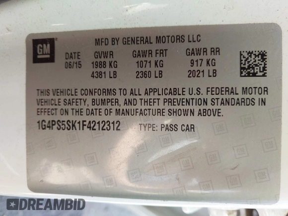 2015 Buick Verano Group with VIN 1G4PS5SK1F4212312, listed as a IAAI auction lot 42270061 with 201,845 mi miles and . Bid and sale history available at DreamBid. Image 9.