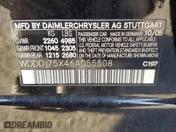 2006 Mercedes-Benz CLS-Class with VIN WDDDJ75X46A055508, listed as a Copart auction lot 75963814 with 0 mi miles and Clean Title. Bid and sale history available at carsss.com. Image 12.