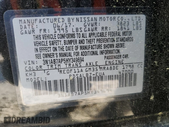 2017 Nissan Sentra S z VIN 3N1AB7AP5HY349694, wystawiony jako Copart lot #53722775 z przebiegiem 151 419 mil mil oraz Czysty tytuł • Clean title. Historia ofert i sprzedaży dostępna na DreamBid. Obrazek 12.
