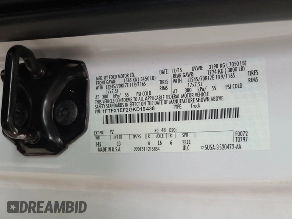 2016 Ford F-150 XLT with VIN 1FTFX1EF2GKD19438, listed as a IAAI auction lot 42610430 with 165,618 mi miles and . Bid and sale history available at DreamBid. Image 40.