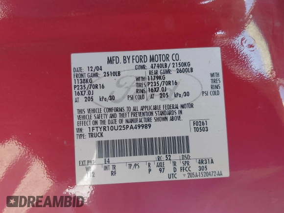2005 Ford Ranger XL with VIN 1FTYR10U25PA49989, listed as a IAAI auction lot 41806503 with 171,384 mi miles and . Bid and sale history available at DreamBid. Image 9.