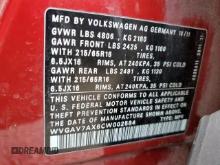 2012 Volkswagen Tiguan SE z VIN WVGAV7AX6CW002584, wystawiony jako Copart lot #56250235 z przebiegiem 153 220 mil mil oraz Szkoda całkowita • Salvage title. Historia ofert i sprzedaży dostępna na DreamBid. Obrazek 14.