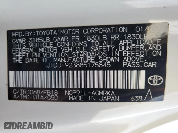 2008 Toyota Yaris с VIN JTDJT923885175845, выставлен на аукционе Copart как лот 43455365 с пробегом 279 979 миль миль и Списание • Salvage title. История ставок и продаж доступна на DreamBid. Изображение 14.