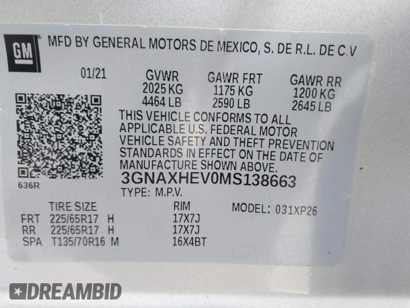 2021 Chevrolet Equinox LS with VIN 3GNAXHEV0MS138663, listed as a IAAI auction lot 42065614 with 18,081 mi miles and . Bid and sale history available at DreamBid. Image 9.