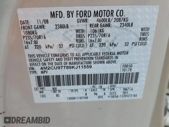 2009 Mercury Mariner Premier with VIN 4M2CU97789KJ11559, listed as a Copart auction lot 50976635 with 152,481 mi miles and Salvage Title. Bid and sale history available at carsss.com. Image 14.