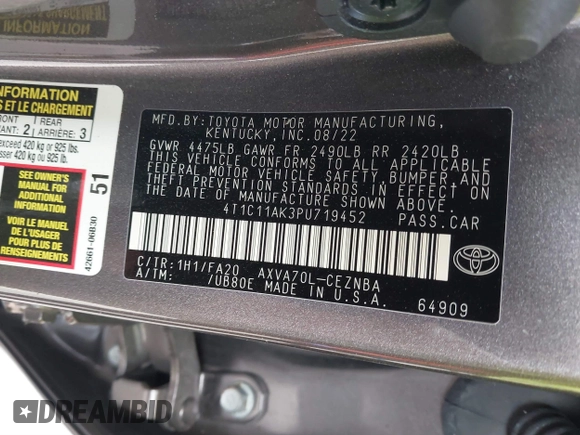 2023 Toyota Camry LE z VIN 4T1C11AK3PU719452, wystawiony jako IAAI lot #38236100 z przebiegiem 34 140 mil mil oraz . Historia ofert i sprzedaży dostępna na DreamBid. Obrazek 9.